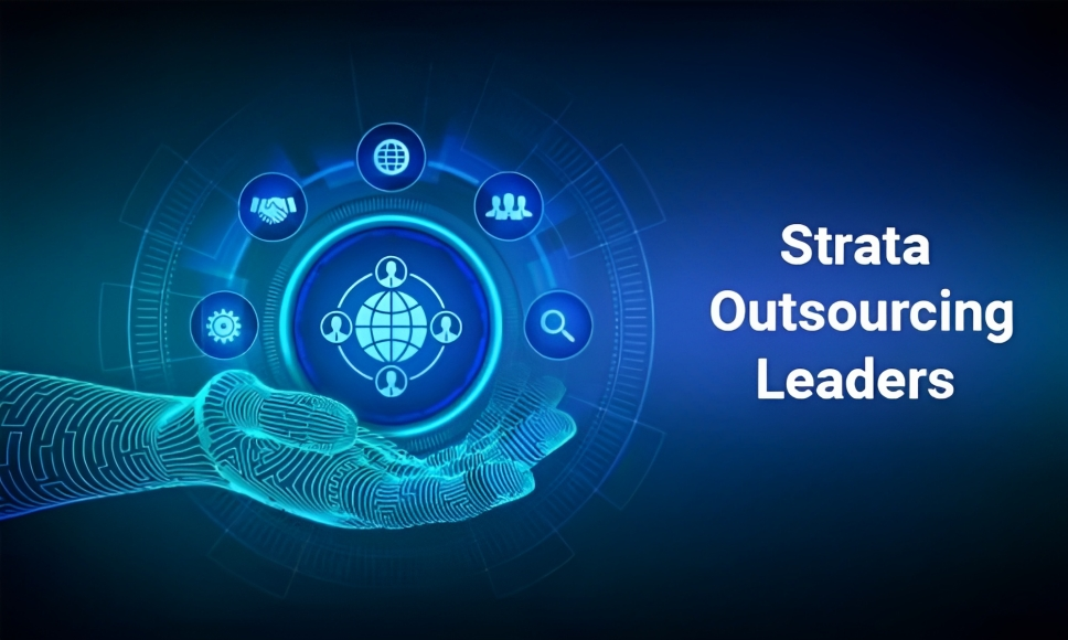 Image of a hand hologram that holds icons of strata support services and connection of people over the world. It also includes the text that says 'Strata Outsourcing Leaders' which refers to a Strata Support company.